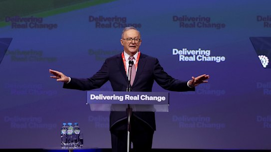 Prime Minister Anthony Albanese speaking at this week’s ALP conference in Adelaide.