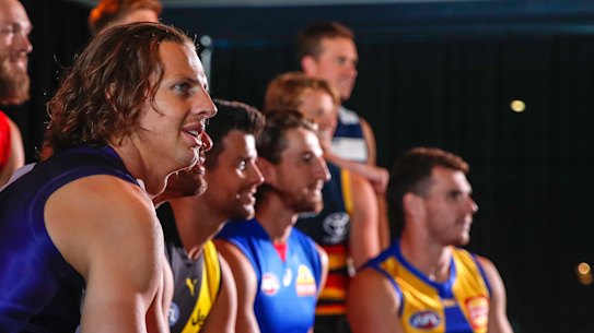 Dockers leader Nat Fyfe and other AFL captains, including Eagle Luke Shuey (far right).