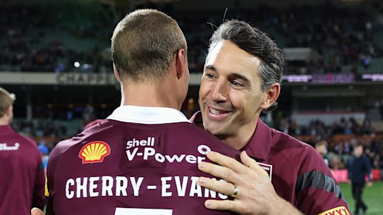 Billy Slater and Daly Cherry-Evans celebrate after their Origin victory.