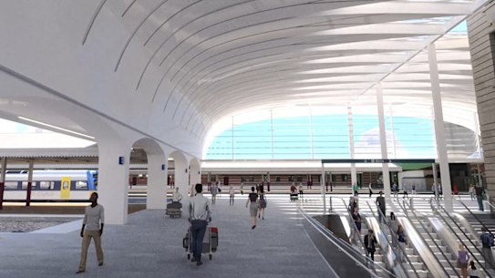 A new landmark is taking shape above Central Station, with a feature roof going up as part of the Sydney Metro construction works.