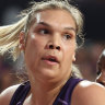 Donnell Wallam of the Firebirds in action during the round five Super Netball match between Queensland Firebirds and Adelaide Thunderbirds at Nissan Arena, on April 17, 2022, in Brisbane, Australia. 