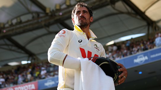 Mitchell Starc during another Ashes star turn, this time with the willow at the Gabba.