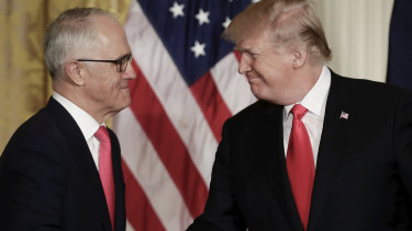 Malcolm Turnbull and Donald Trump at the White House in February. The former PM says he was able to keep Australia free from tariffs imposed by the US President.
