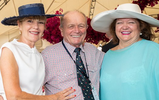 Joker Gina Rinehart with pals Gerry Harvey and Katie Paige in 2020.