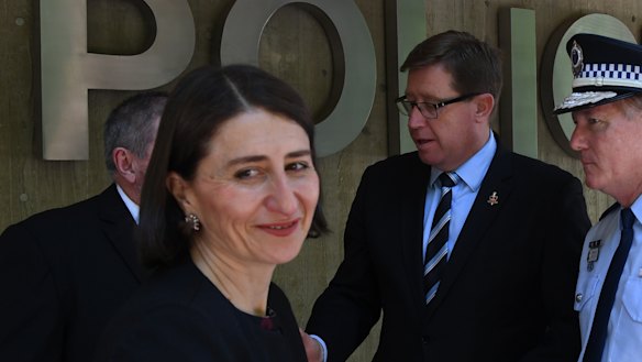 NSW Premier Gladys Berejiklian on Tuesday with Police Minister Troy Grant and Police Commissioner Mick Fuller. 