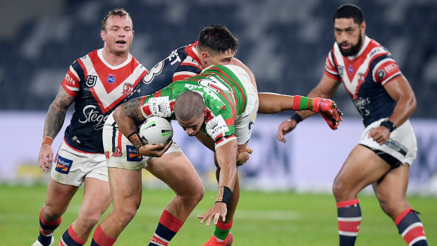 Victor Radley found himself in hot water for this tackle on South Sydney's Dane Gagai.