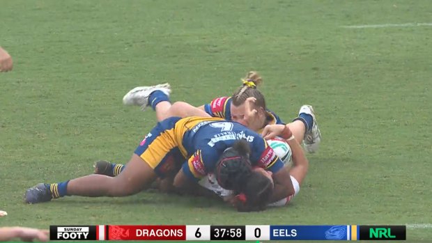 The alleged bite by Dragons winger Bartlett Madison on Parramatta’s Sereana Naitokatoka.