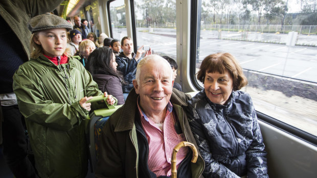 Keith Power and Roslyn Wilson, grew up in the Mernda area, were among  thousands to ride the first public trains to Mernda in 59 years.