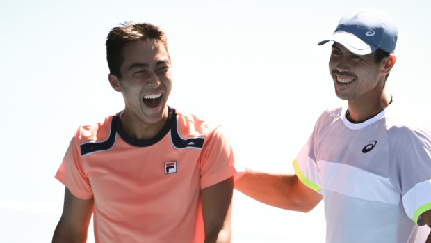 Rinky Hijikata and Jason Kubler celebrate their win on Thursday.