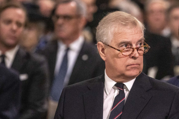 Prince Andrew at the memorial service for his father.