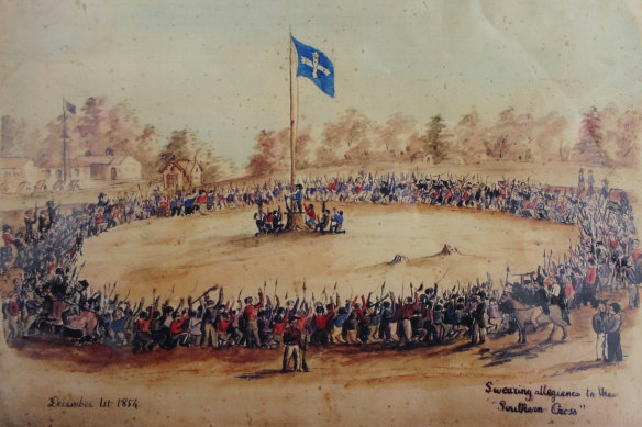 Canadian artist and digger Charles Doudiet’s painting Swearing Allegiance to the Southern Cross, from 1854.