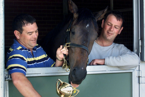 Mike Moroney and his brother Paul with 2000 Cup winner Brew.