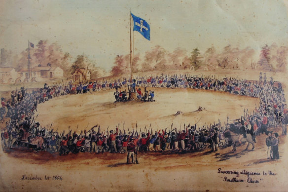 The Eureka Stockade. Canadian artist and digger Charles Doudiet's painting 'Swearing allegiance to the Southern Cross', 1854