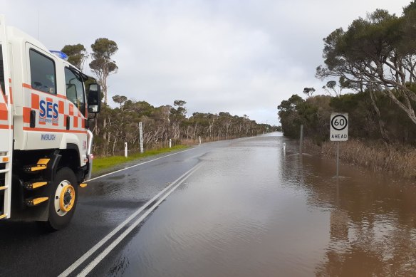 The Inverloch-Venus Bay Road flooded in August, inundating the only road into Venus Bay. 