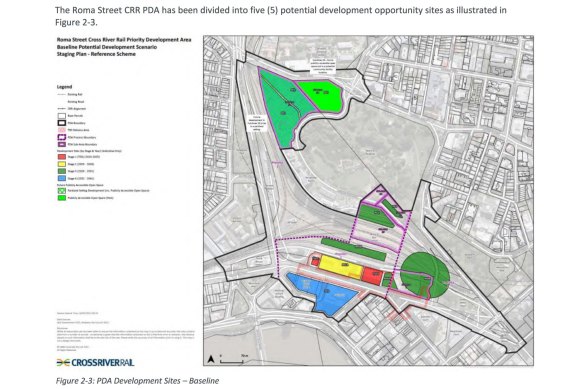 The Queensland government is now evaluating a range of alternative options for the Brisbane Arena. This map of the Roma Street Parklands Priority Development Area shows the entertainment and community precincts in green, and a future city gateway precinct in blue.