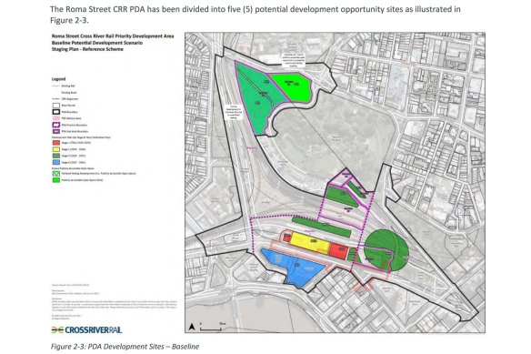 The Queensland government is now evaluating a range of alternative options for the Brisbane Arena. This map of the Roma Street Parklands Priority Development Area shows the entertainment and community precincts in green, and a future city gateway precinct in blue.