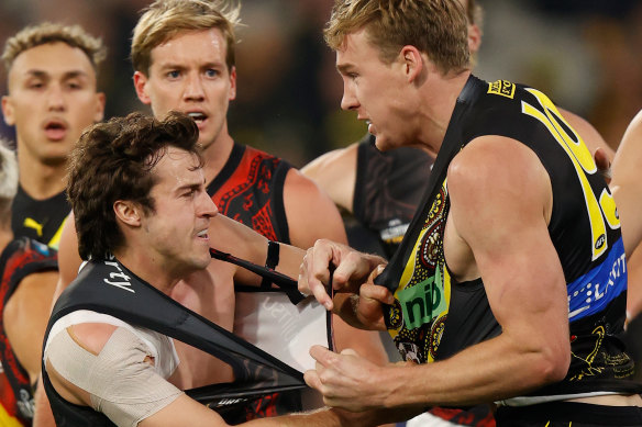 Richmond’s Tom Lynch (right) suffered a hamstring injury after a fiery start.