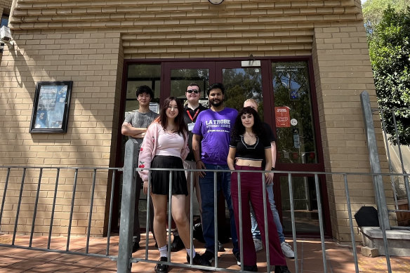 La Trobe students James Belcher, Harry Tindley, Jedd, Lucy and Chich outside the Eagle bar, now closed to students.