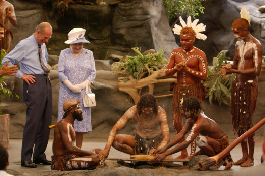Britain’s Queen Elizabeth II and the Duke of Edinburgh watching a culture show at Tjapukai Aboriginal Culture Park, Cairns, 2002.
