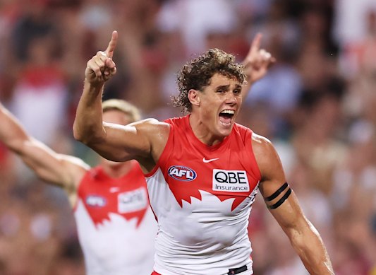 Charlie Curnow celebrates one of his three goals.
