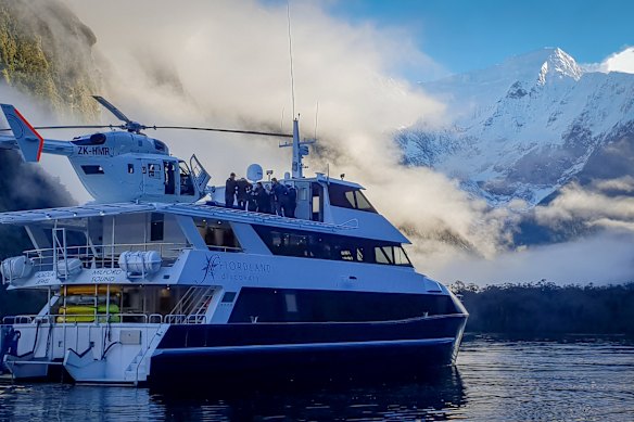 Guests land directly on board Fiordland Jewel via its roof helipad.