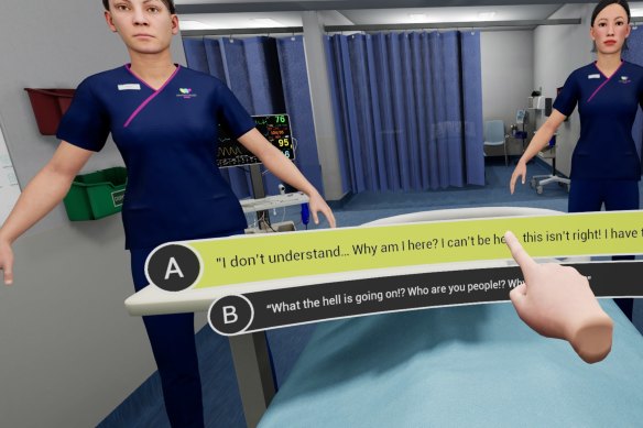 Nurses respond to an aggressive patient in a virtual reality training program at Western Health.