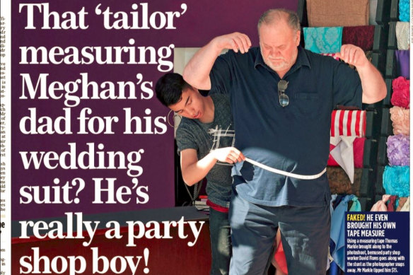 The cover of the Mail on Sunday showing Thomas Markle, Meghan Markle's father, being fitted for a suit.