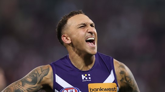 Shai Bolton of the Dockers celebrates a goal.