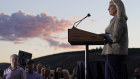 Liz Cheney addresses supporters at the Mead Ranch in Jackson, Wyoming.