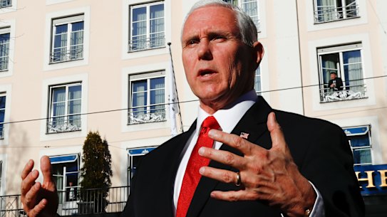 United States Vice-President Mike Pence briefs the media during the Munich Security Conference in Munich, Germany, on Saturday.