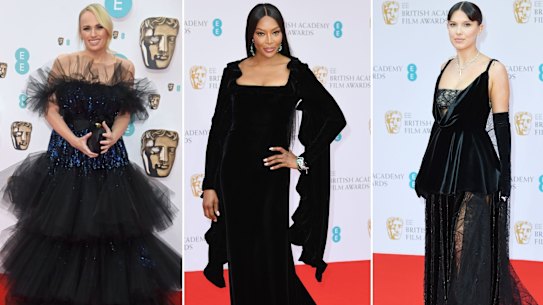 Rebel Wilson in Giambattista Valli, Naomi Campbell in Burberry and Millie Bobby Brown in Louis Vuitton at the BAFTAS.