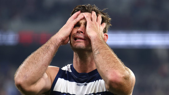 Tom Hawkins of the Cats looks dejected after losing to Melbourne.