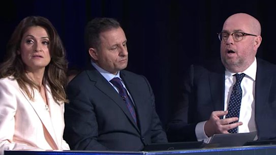 Tony Barry, right, on the ABC election night panel with Kos Samaras and Patricia Karvelas.