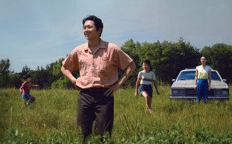 Immigrants building a new life on a farm: (from left) Alan S. Kim, Steven Yeun, Noel Cho and Yeri Han in Minari. 