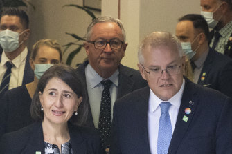NSW Premier Gladys Berejiklian, NSW Health Minister Brad Hazzard and Prime Minister Scott Morrison at Royal Prince Alfred Hospital in Sydney on Friday.