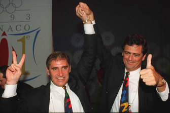 John Fahey and the Sydney Olympics bid's chief executive Rod McGeoch celebrate in Monaco as Sydney is announced as the winner in 1993.