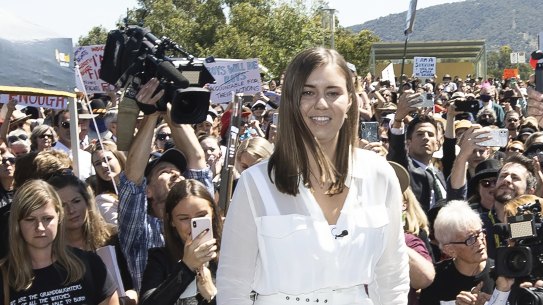 Brittany Higgins took the stage at the March 4 Justice at Parliament House in Canberra last year.
