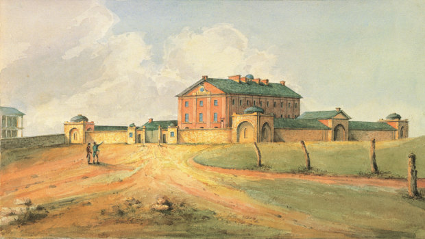 An 1820 watercolour of Hyde Park Barracks.
