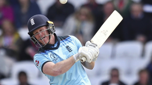 England's captain Eoin Morgan avoids a rising delivery from Malinga.