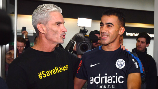 Refugee footballer Hakeem al-Araibi with Craig Foster arrives back to Melbourne.