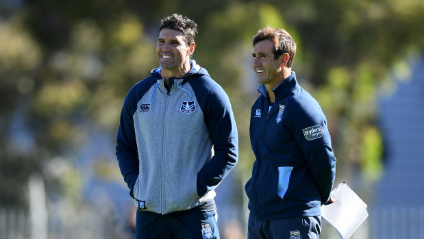 Blues brains: Trent Barrett, left, with Andrew Johns at NSW Origin training on Thursday.