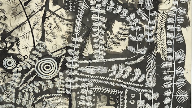 Peter Mungkuri's Punu Ngura (Country with trees)  2019 (detail).
