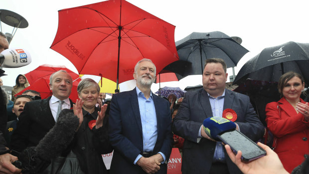 UK Labour Party leader Jeremy Corbyn, centre, in Manchester on Friday.