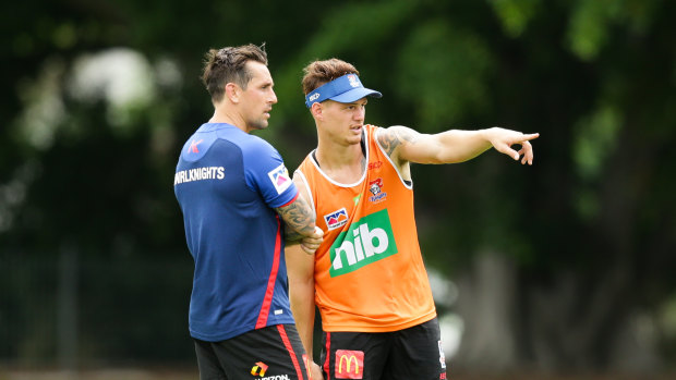 Mitchell Pearce (left) is an unabashed fan of his young Newcastle teammate.