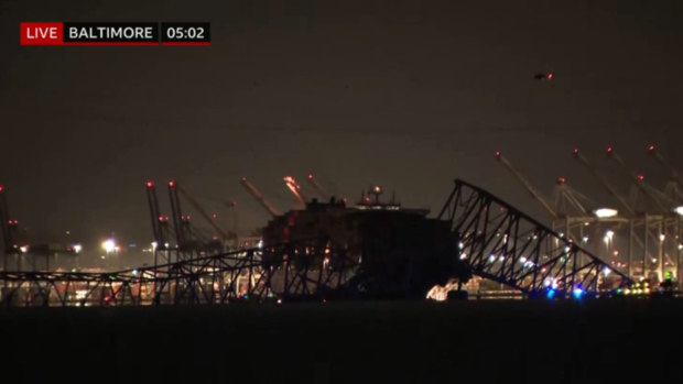 A screenshot from BBC TV shows the container ship Dali and the collapsed Francis Scott Key Bridge in Baltimore, Maryland.