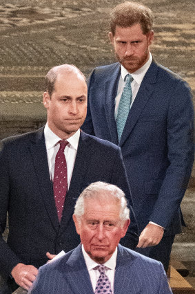 Prince William, Prince Harry, and King Charles in 2020.