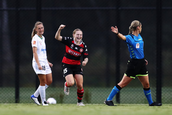 Rosie Galea celebrates after scoring against the Jets at the Wanderers Centre of Football.