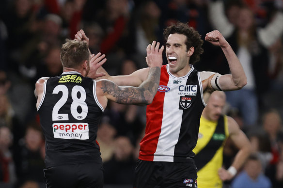 St Kilda’s Max King celebrates one of his goals in the win over Richmond.