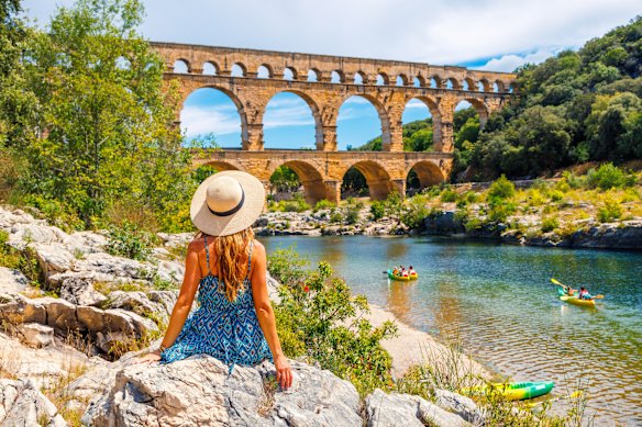 Pont du Gard looms above the Gardon River in southern France.