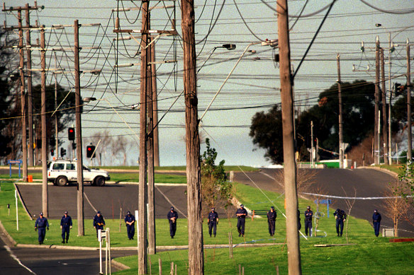 Police at the the scene of the Silk-Miller shooting in 1998.